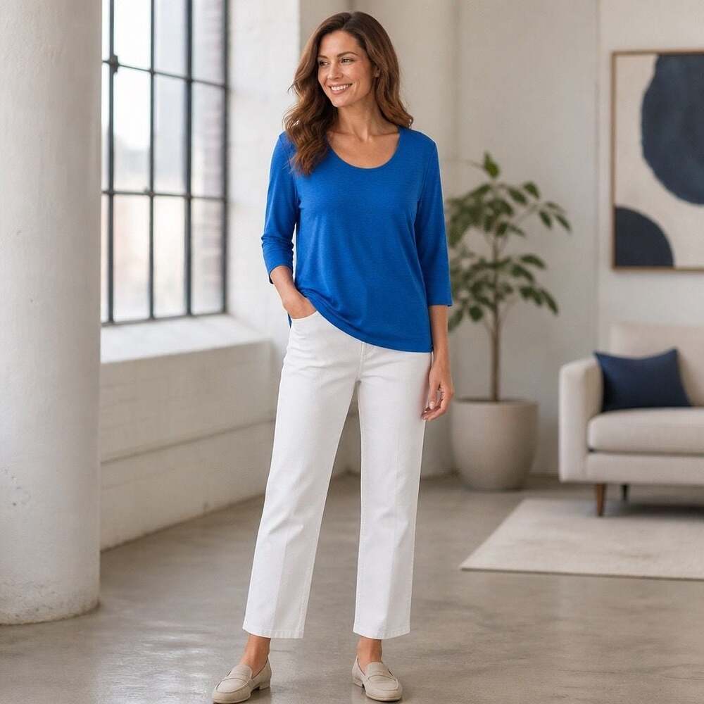 Eileen Fisher Women's 100% Linen 3/4 Sleeve Scoop Neck Top #1777